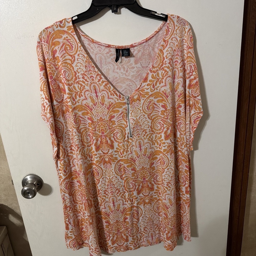 Cynthia Rowley Blouse Womens Plus 2X Paisley Zip V-Neck Knit Top Orange